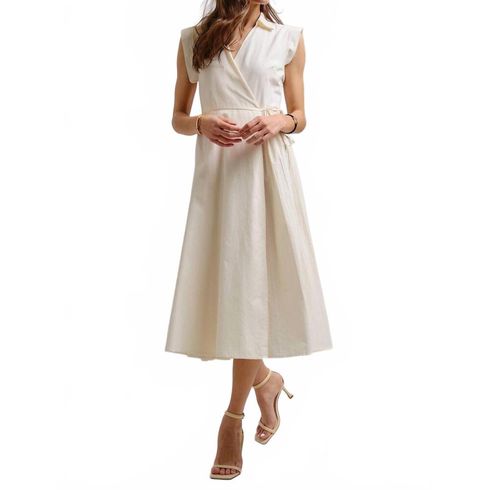 NEW URBAN DAIZY collared cap sleeve wrap midi dress in ivory